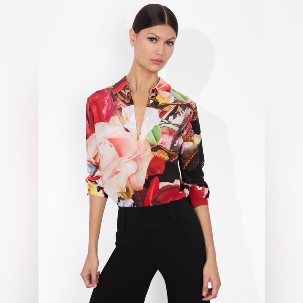 NWT Alice + Olivia Willa Floral Silk Button-Up Shirt